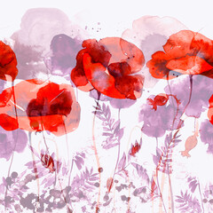 Minimalistic silhouettes meadow flowers seamless border. Digital with watercolour. Mixed media artwork. Endless motif for packaging, scrapbooking, decoupage, textiles.