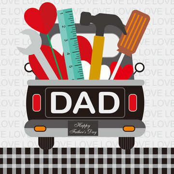 happy father's day card with car and tools