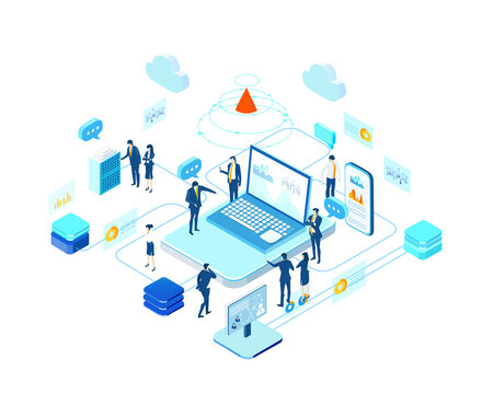 Isometric business environment. Business people, team working in server room, big data analyse, new business, start up, technology, computing, automatisation concept  