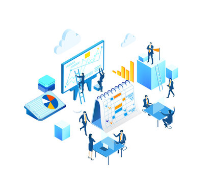 Business people reading graphs, analysing data, make decisions, developing and improving working process. Isometric infographic illustration.