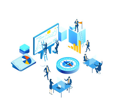 Business people reading graphs, analysing data, make decisions, developing and improving working process. Isometric infographic illustration.