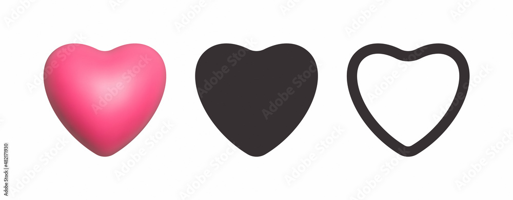 Wall mural Vector Modern Heart Icon 3D Flat Outline Style Set Isolated On White Background. Rounded Hearts Shapes Graphic Symbol Of Love And Health. Like Icons In Different Styles. Valentines Day Decor