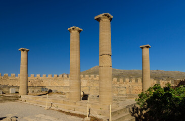Sightseeing of Rhodes island. Ruins of ancient temple in Lindos, Rhodes island, Greece.