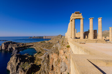 Sightseeing of Rhodes island. Ruins of ancient temple in Lindos, Rhodes island, Greece.
