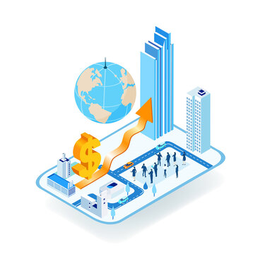  Global finance business. Business people working in the City. Isometric business environment 