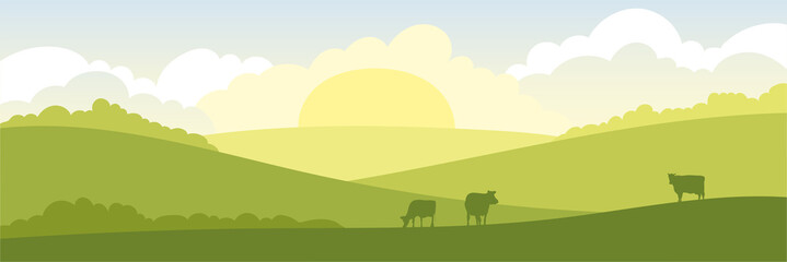 Abstrakte ländliche Landschaft mit Kühen. Vektorillustration, Felder und Wiesen