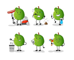 guava cleaning group character. cartoon mascot vector