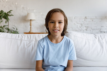 Positive pre teen gen Z boy looking and speaking at camera on video call from home. Schoolchild kid sitting on white couch in living room head shot portrait. Screen view © fizkes