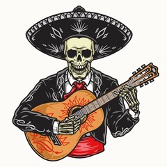 Skeleton musician in sombrero and charro outfit