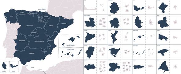 Vector color detailed map of Spain with the administrative divisions of the country, each Autonomous communities is presented separately and divided into autonomous cities and Provinces