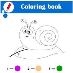 Coloring page with snail. Color by numbers educational children game, drawing kids activity