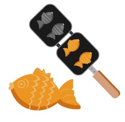 Taiyaki silhouette icon, black and colored. Japanese sponge cake in the shape of a fish.Vector drawing on a white background