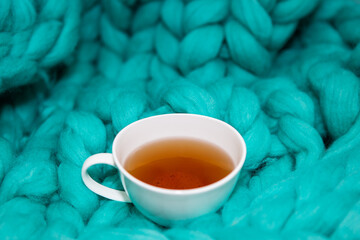 The concept of coziness and comfort is a green knitted blanket on which there is a white cup of hot tea. Place for an inscription.