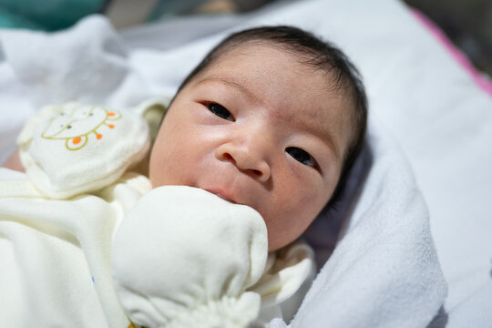 Cute infant Caucasian newborn baby which is looking to camera, baby portrait close-up photo.
