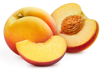 Peach isolated. Peach slice. Peaches on white background. With clipping path.