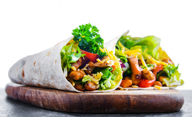 Tortilla with chicken and fresh vegetables isolated on white