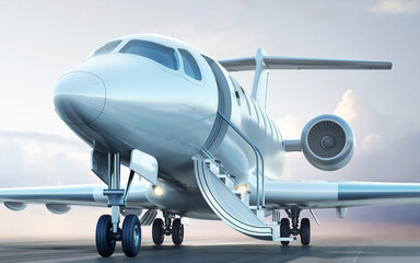 Business jet on runway, with open entrance waiting for passengers. Close-up view, 3D render.