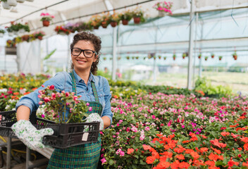 Young woman entrepreneur working in a flower garden