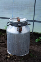 large vertical photo. summer time. aluminum jar in the greenhouse. environmentally friendly materials on the farm. container for liquids in a closable lid.