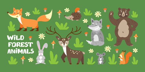 Set of forest animals. Fox, deer, bear, squirrel, mouse, hedgehog, wolf. Cartoon animals for kids. Vector illustration