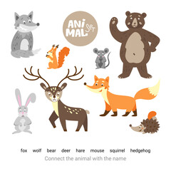 Cute forest animals. Children's educational game. Connect animals with names. Set of forest animals for kid's education