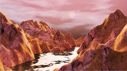 3d scene design of mountains and river, canyon. Beautiful landscape with mountain views at sunset.