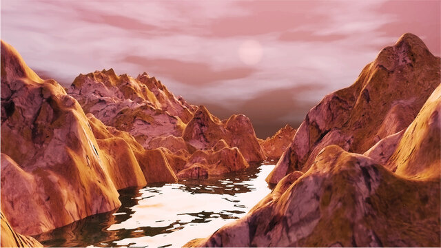 3d scene design of mountains and river, canyon. Beautiful landscape with mountain views at sunset.
