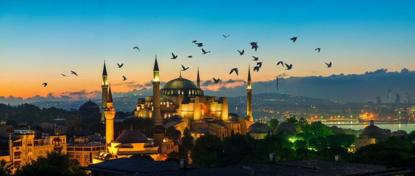 Flock of birds over mosque