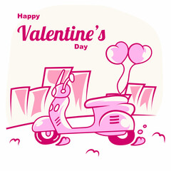 happy valentine's day with scooter cartoon and heart balloon