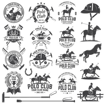 Set of polo club sport badges, patches, emblems, logos. Vector illustration. Vintage monochrome label with rider and horse silhouettes. Polo club competition riding sport.