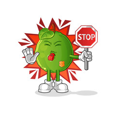 guava holding stop sign. cartoon mascot vector