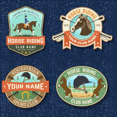 Set of Horse racing sport club badge, patch, emblem, logo. Vector illustration. Vintage equestrian label, sticker with rider and horse silhouettes. Horseback riding sport