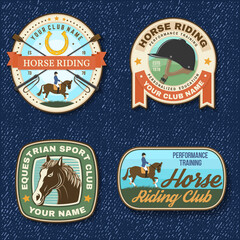 Obraz premium Set of Horse racing sport club badge, patch, emblem, logo. Vector illustration. Vintage equestrian label, sticker with rider and horse silhouettes. Horseback riding sport