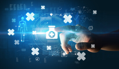 Doctor hand pressing futuristic health device with medical symbol on screen