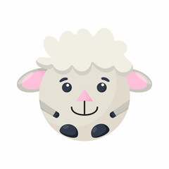 Cute cartoon round animal sheep face, vector zoo sticker isolated on white background.