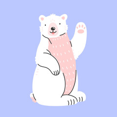 The polar bear is sitting, waving his paw and smiling. Cute bear character in cartoon style. Vector isolated illustration with an animal.