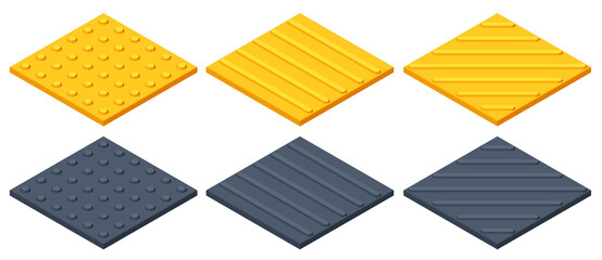 Isometricyellow blocks of tactile paving for blind handicap isolated on white. Braille blocks, tactile tiles for the visually impaired