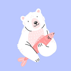 A polar bear holds a fish in its paws. Cute bear character in cartoon style. Vector isolated illustration with an animal.