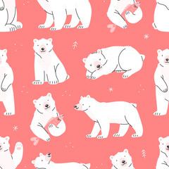 Fototapeta premium Seamless pattern with polar bears. Cute pink pattern with bears in cartoon style. Vector illustration background.