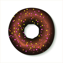 Glazed chocolate donut, top view. Sweet donut with colorful sprinkles  isolated on a white background. Icon for logo of menu and cafe.