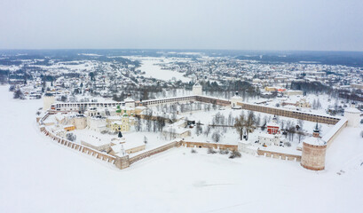 Winter panoramic view of the old Russian city, located on the ancient trade route and Cyril-Belozersky Monastery fortress in Northern Russia. Kirillov, Vologda Oblast.