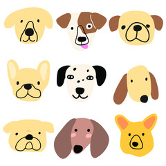 Collection of cute dogs faces. Vector icon illustrations on white background.