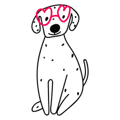 Dalmatian wearing red glasses. 
Valentine's day concept. Vector hand drawn outline illustration on white background.