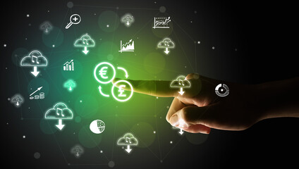 Businessman finger touching on screen multimedia interface with hand drawn currency icons