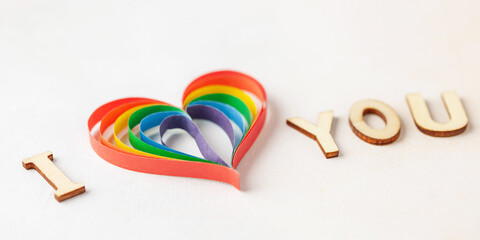 LGBT paper rainbow heart and letters I LOVE YOU. Valentines day concept