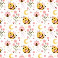 Seamless pattern with bees on a summer background. Vector illustration. To create fabric, paper, postcards.