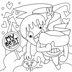 Cartoon cute monsters, monster party card design  illustration, hand drawn.coloring book.