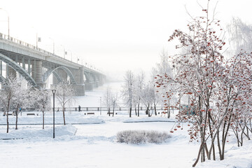 Embankment of the Ob river in winter in Novosibirsk