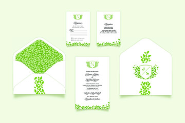 Greenery leaves wedding invitation card and envelope. Simple initial cover. Easily editable text.