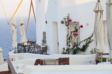 White architecture on Santorini island, Greece. Beautiful summer landscape, sea view.